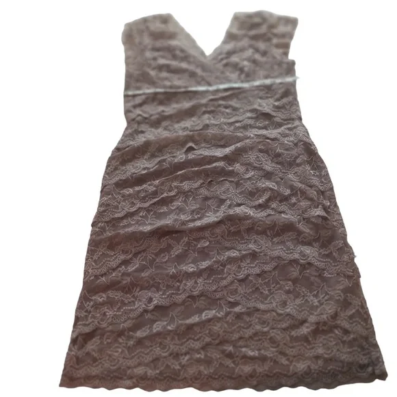 Blu Sage Taupe Lace Overlay Floral Sleeveless Double V Midi Slip Dress Sz 14P - Picture 5 of 8